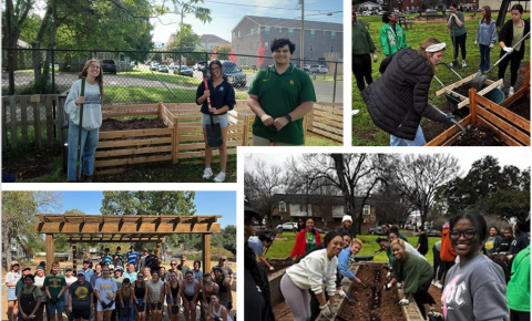 Graphic of students working in Baylor Community Garden